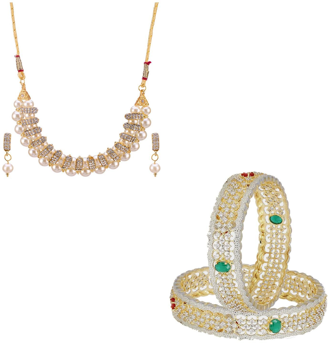 

JDX Gold Plated American Diamond Bangle With Necklace Set For Girl women