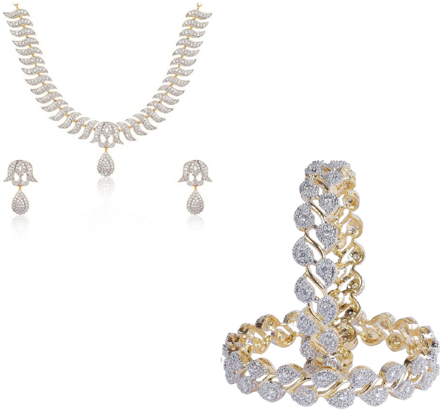 

JDX Gold Plated American Diamond Bangle With Necklace Set For Girl women