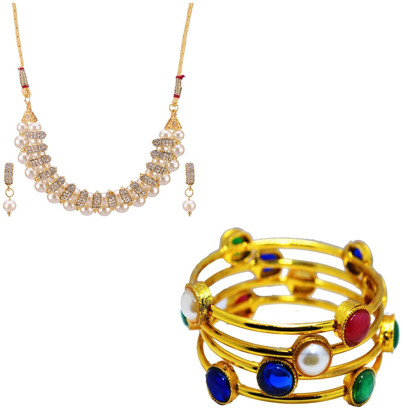 

JDX Gold Plated American Diamond Bangle With Necklace Set For Girl women