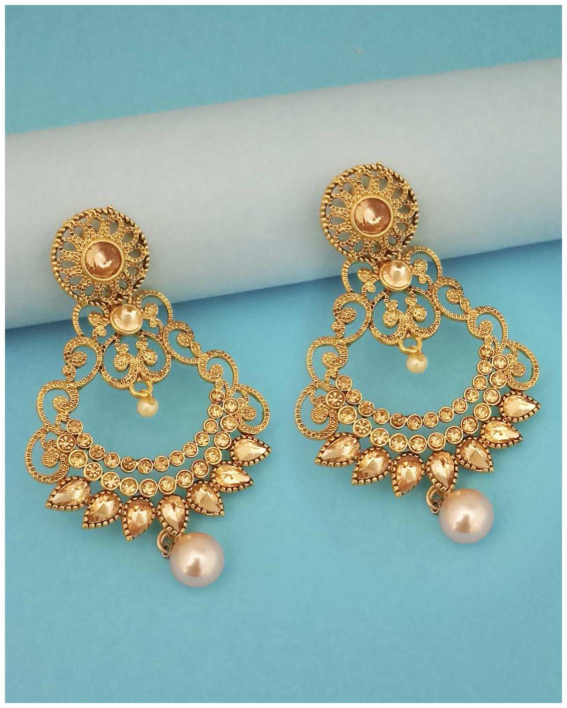 

JewelMaze Austrian Stone Brown Gold Plated Pearl Dangler Earrings-1312959