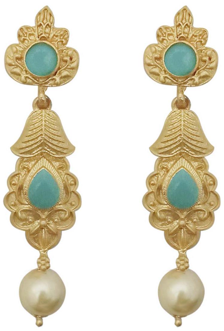 

JewelMaze Blue Pota Stone Gold Plated Pearl Drop Dangler Earrings-1313111C