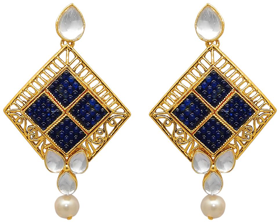

JewelMaze Gold Plated Blue And White Stones Dangler Earrings