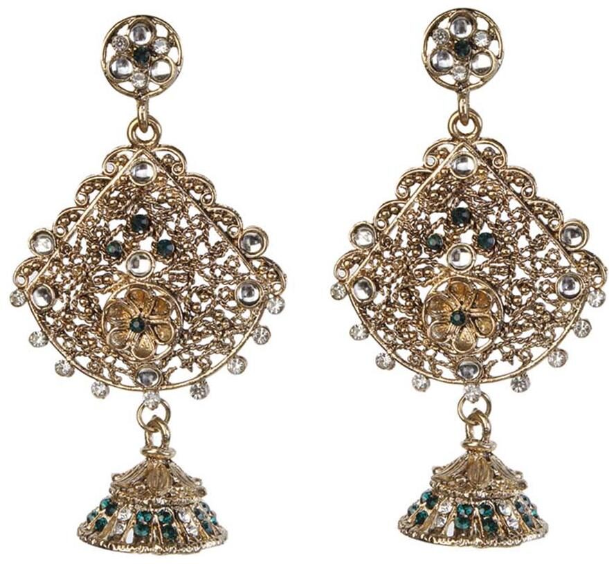 

JewelMaze Gold Plated Green Austrian Stones Dangler Jhumki Earrings Alloy Drops Danglers