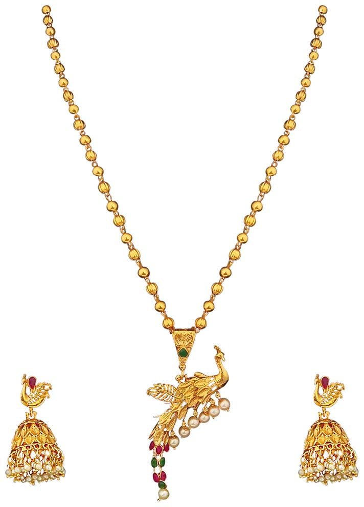 

JewelMaze Gold Plated Maroon And Green Pota Stones Peacock Necklace Set With Jhumki Earrings (1113701)