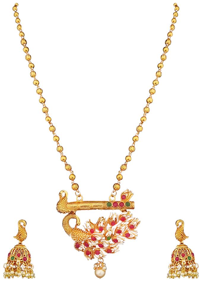

JewelMaze Gold Plated Maroon And Green Pota Stones Peacock Necklace Set With Jhumki Earrings (1113702)