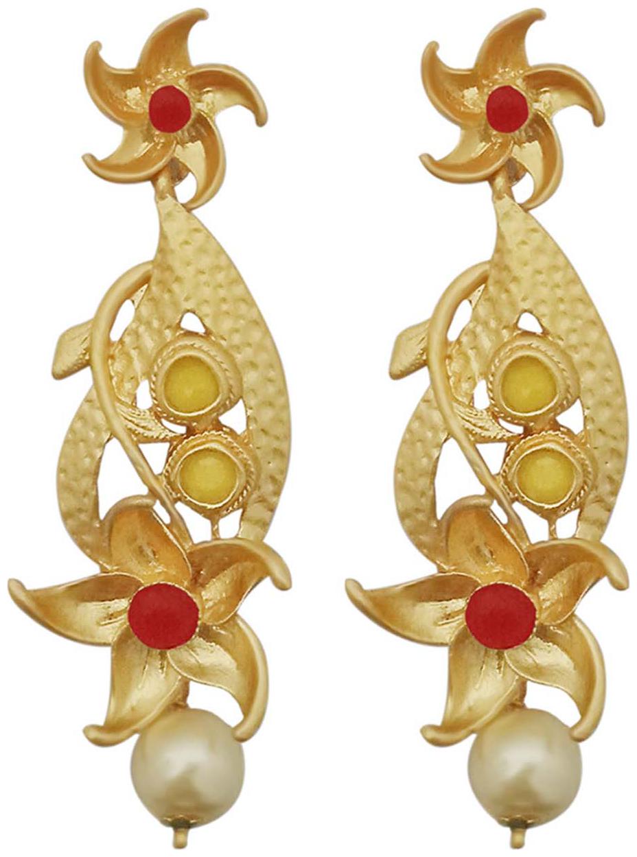 

JewelMaze Maroon Austrian Stone Pearl Drop Gold Plated Earrings-1313116C