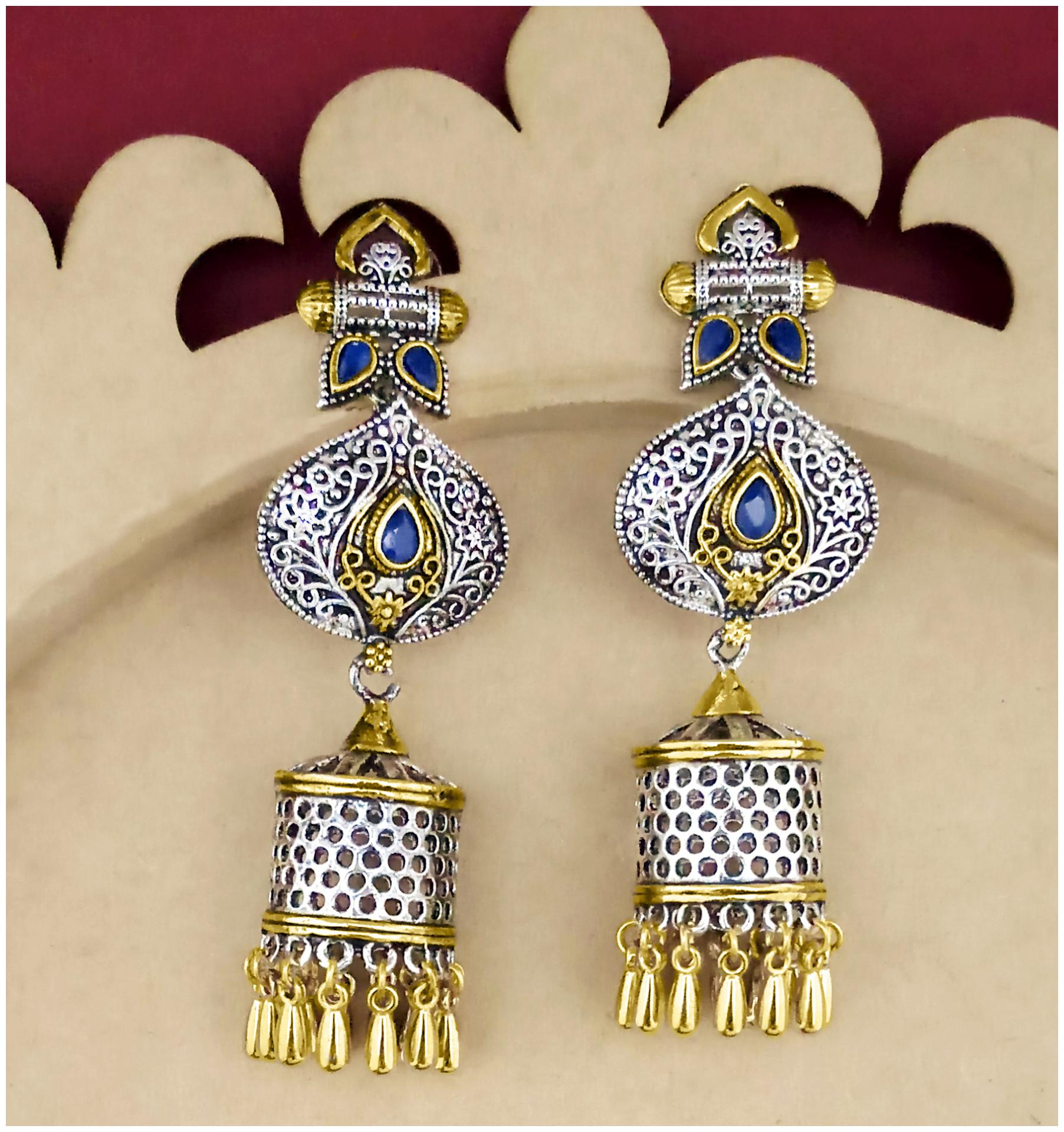 

JewelMaze Oxidised Golden Beads Jhumki Earrings (1315248A) 8211 Blue