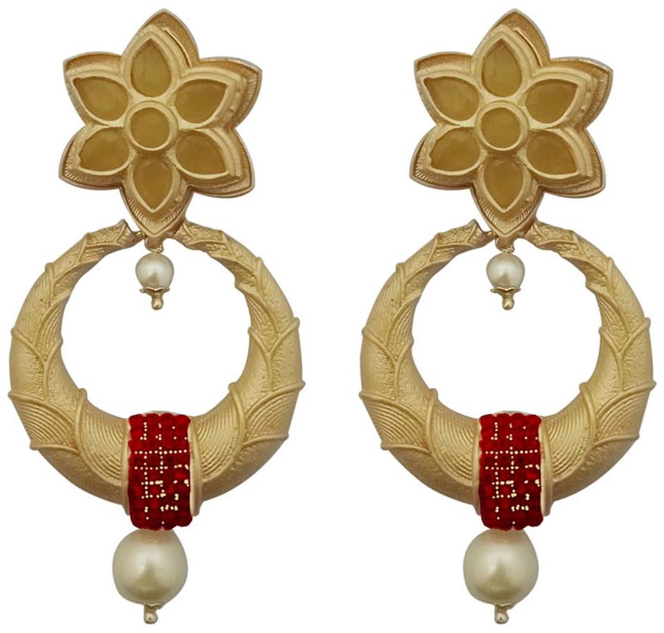 

JewelMaze Red Austrian Stone Pearl Drop Gold Plated Earrings-1313113B