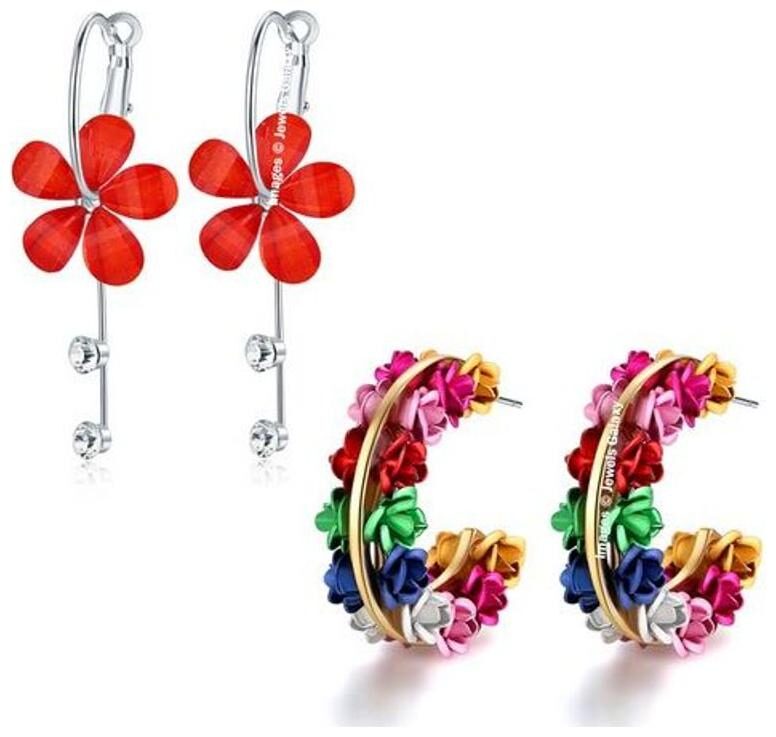 

Jewels Galaxy Crystal Elements Delicate Sparkling Red Colorful Floral Drop Clip-On Earrings For Women Girls - Combo Of 2