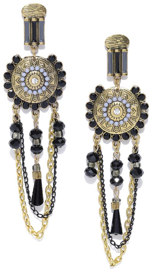 

Jewels Galaxy Floral Sparkling Gold Plated Luxuria Plushy Black Chain Drop Earrings For Women Girls