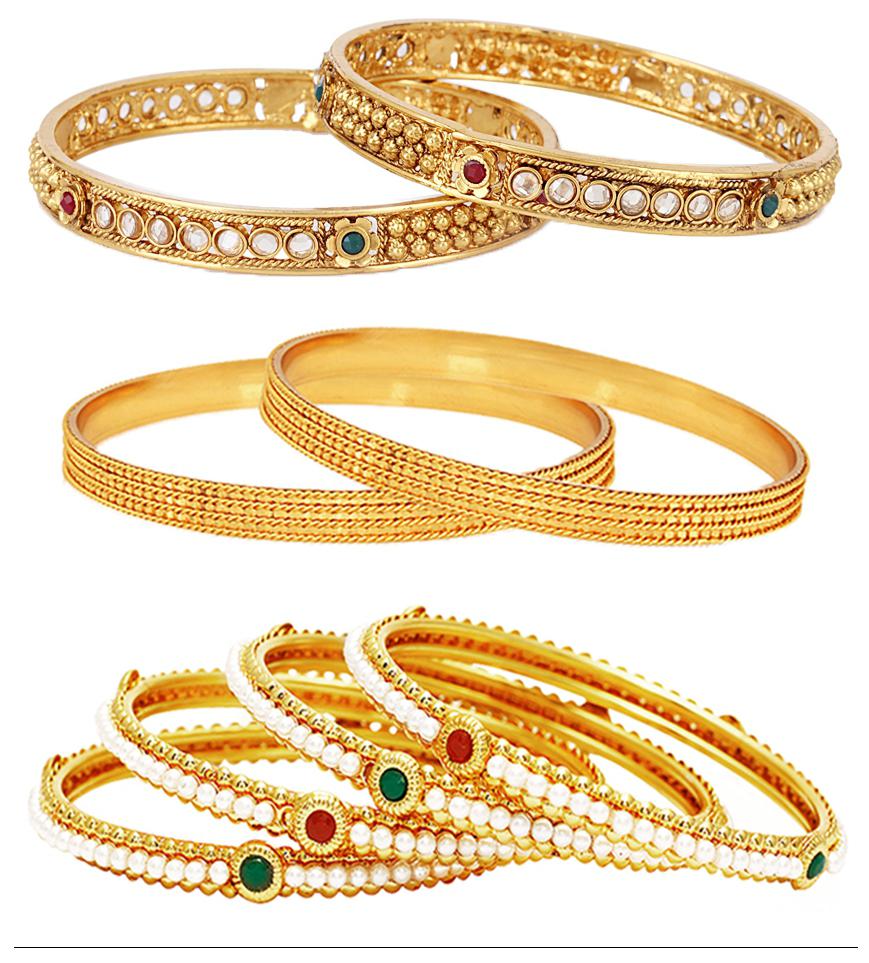 

Jewels Galaxy Combo Of 1 Gram Gold Plated Bangles Trendy Gold Plated Bangles and Designer Pearl Bangles - Pack Of 8