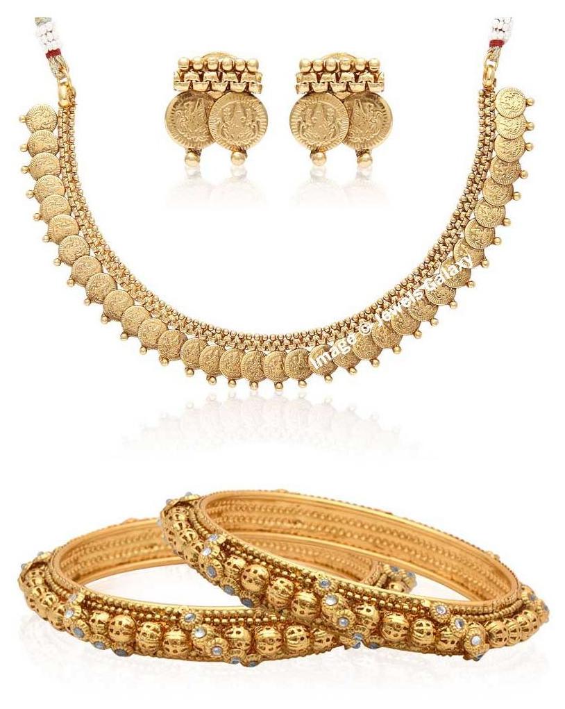 

Jewels Galaxy Bridal Collection With Temple Coin Necklace Set Pair Of Traditional Bangles - Combo of 2