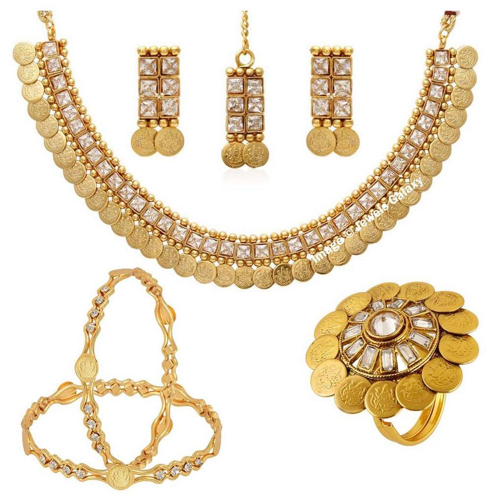 

Jewels Galaxy Bridal Collection With Temple Coin Necklace Set 1 Free Size Coinage Ring Pair Of Coinage Bangles - Combo of 3