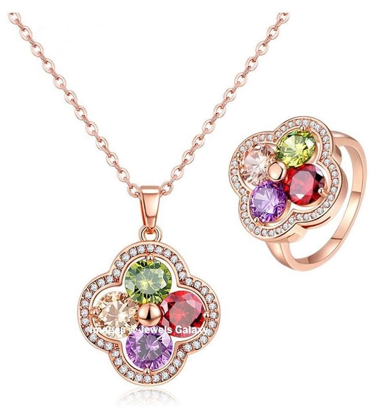 

Jewels Galaxy Crystal Elements Exclusive Sparkling Colors 18K Rose Gold Plated Marvellous Pendant Ring Set For Women Girls
