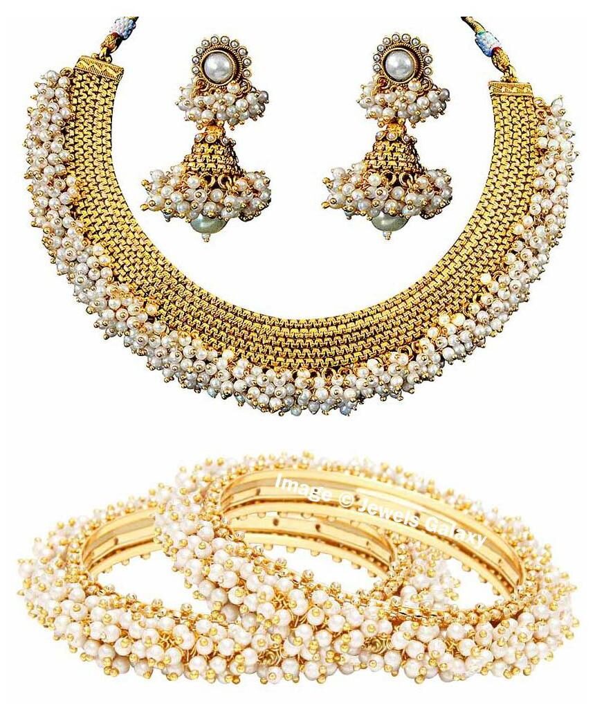 

Jewels Galaxy Bridal Collection With Royal Necklace Set Pair Of Traditional Bangles - Combo of 2