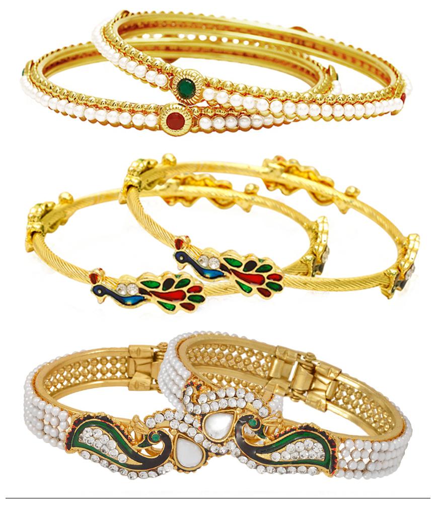 

Jewels Galaxy Combo Of Free Size Broad Mayur Bangles and Pearls Bangles - Pack Of 6