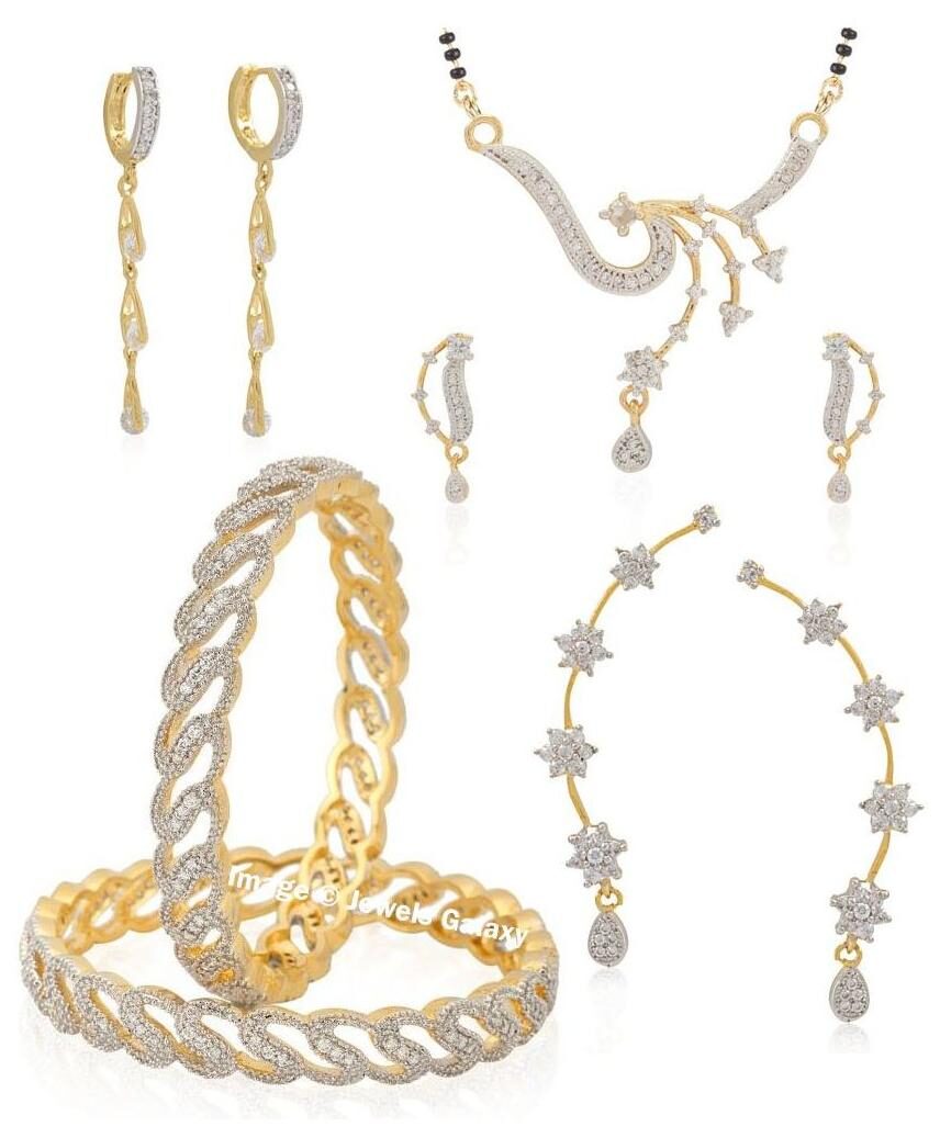 

Jewels Galaxy Wedding Collection Of 1 American Diamond Bangles 1 Mangalsutra Set 1 Solitaire Drop Bali 1 Earcuffs - Combo Of 4