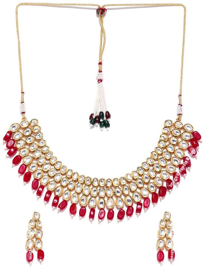 

Jewels Galaxy Delicate Kundan Studded Red Beads Attractive Multi-Strand Gold Plated Traditional Necklace Set For Women Girls