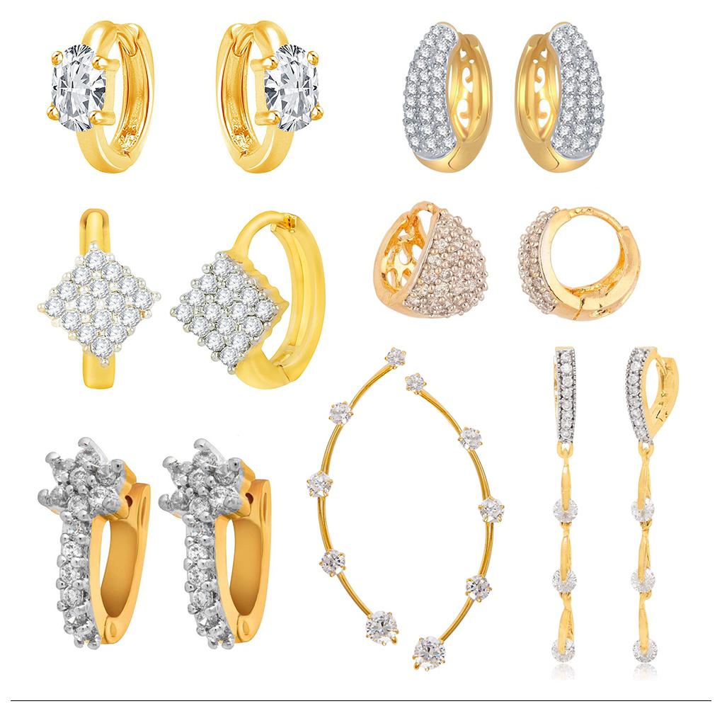 

Jewels Galaxy Precious Collection Of Fancy American Diamond Earrings And 1 Earcuff - Combo Of 7