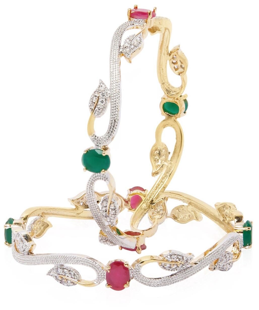 

Jewels Galaxy Sparkling Ruby Green Floral Design American Diamond Bangles