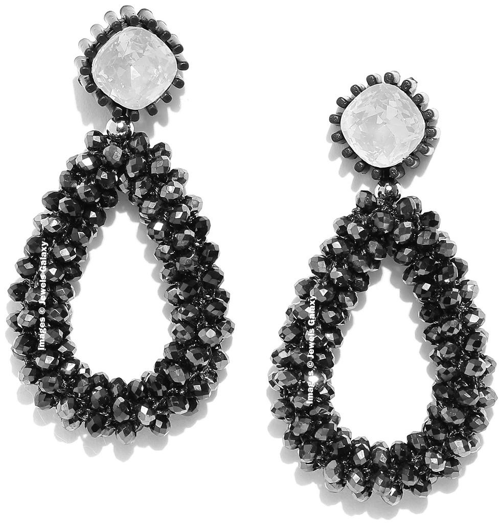

Jewels Galaxy Ravishing Black Beads Crystal Silver Plated Luxuria Plushy Drop Earrings For Women Girls