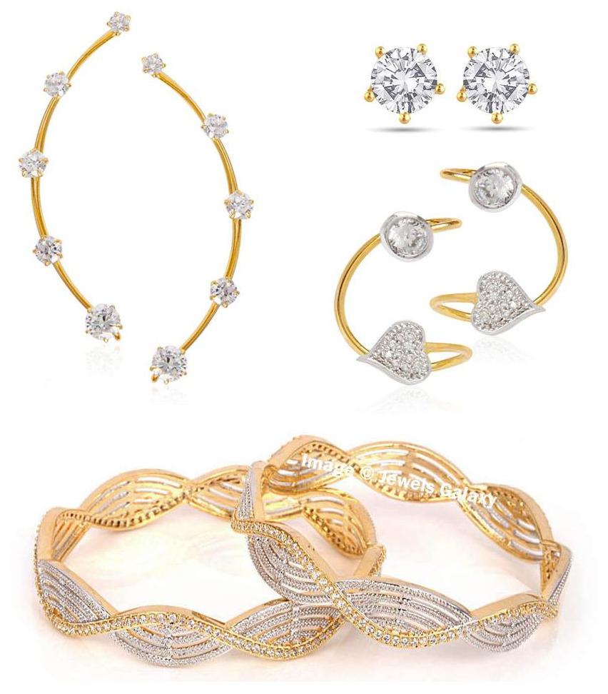 

Jewels Galaxy Broad Hand Made American Diamond Bangles with 2 Pair Of Solitaire Earcuffs 1 Pair Of Stud Earrings - Combo Of 4