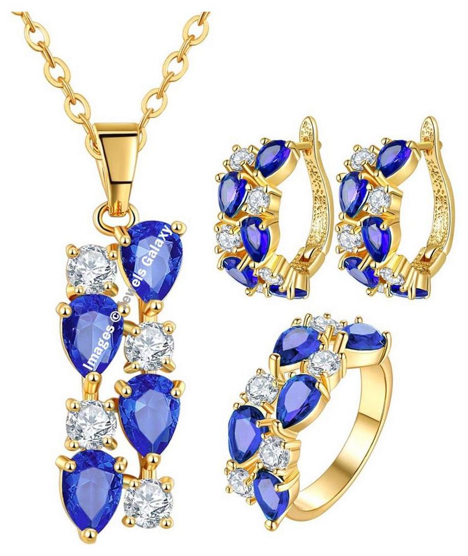 

Jewels Galaxy Luxuria Sparkling 18K Rose Gold Plated Top Quality AAA Swiss Cubic Zirconia Blue Pendant Earrings Ring Set For Women