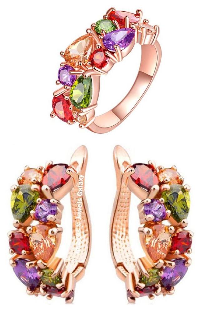 

Jewels Galaxy 18K Rose Gold Plated Top Grade AAA Swiss Cubic Zirconia Splendid Earrings Ring Set For Women Girls