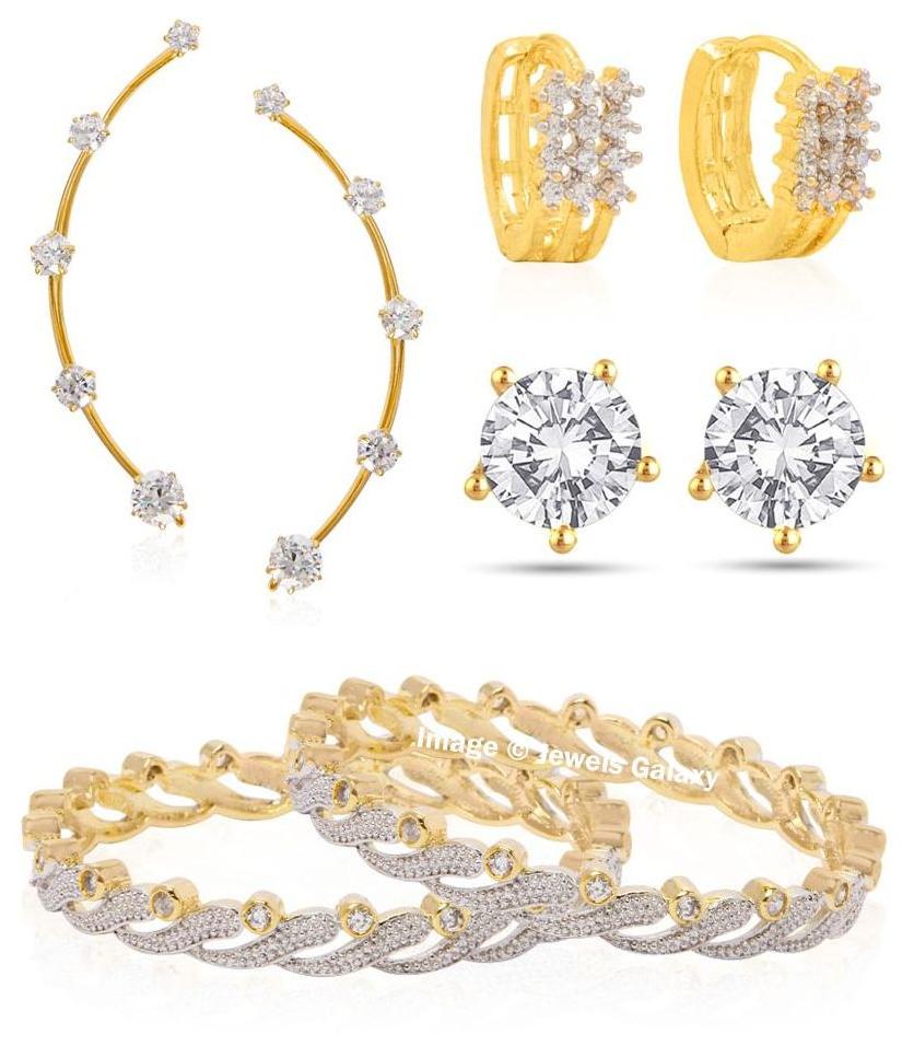 

Jewels Galaxy Festive Collection Of American Diamond Bangles Set 1 Pair of Solitaire Earcuff 2 Pair Of Earrings - Combo Of 4