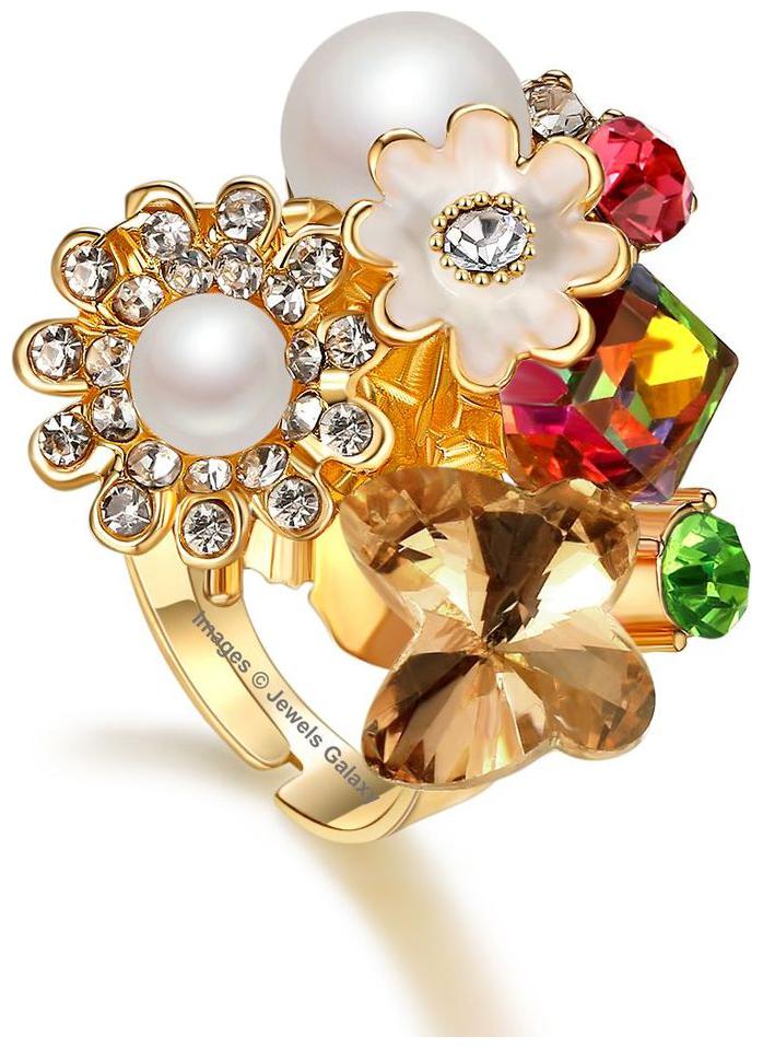 

Jewels Galaxy Crystal Elements Limited Edition Sparkling Colors Magnificent Floral Design Fascinating Pearl Solitaire Ring For Women Girls