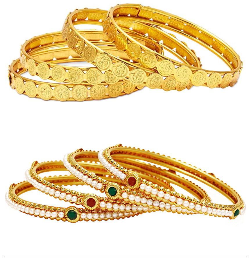 

Jewels Galaxy Combo Of Broad Designer Pearls Bangles and Coinage Bangles - Pack Of 8