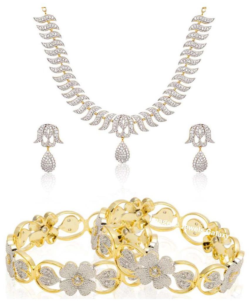

Jewels Galaxy Wedding Collection Of American Diamond Necklace SetSparkling AD Broad Bangles Combo Of 2