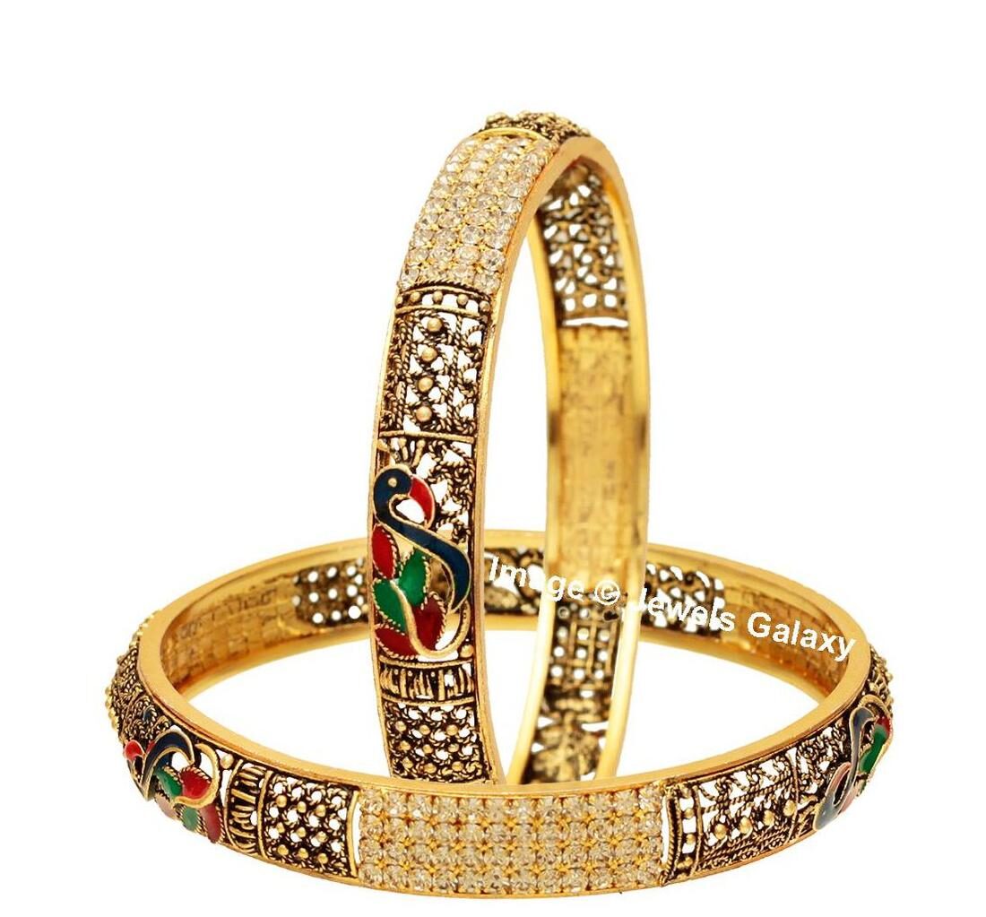

Jewels Galaxy Exclusive Elegant Mayur Designer American Diamond Multicolor Antique Bangles - Set Of 2