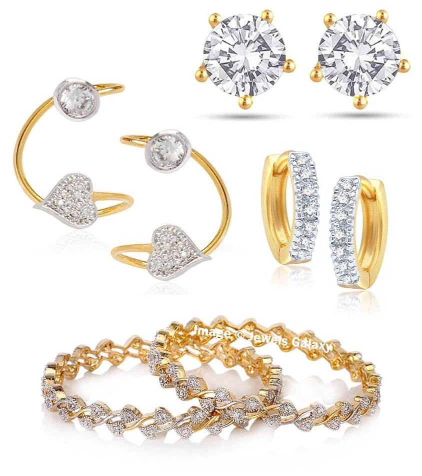 

Jewels Galaxy Incredibly Designed AD Bangle Set with 2 Earcuffs 2 Stud Earrings 2 Hoop Earrings - Combo of 4