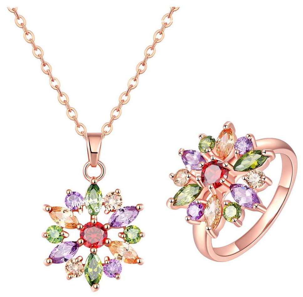 

Jewels Galaxy Glamorous Luxuria Sparkling Colors AAA Swiss Cubic Zirconia Floral Designer 18K Rose Gold Stunning Pendant Ring Set For Women Girls