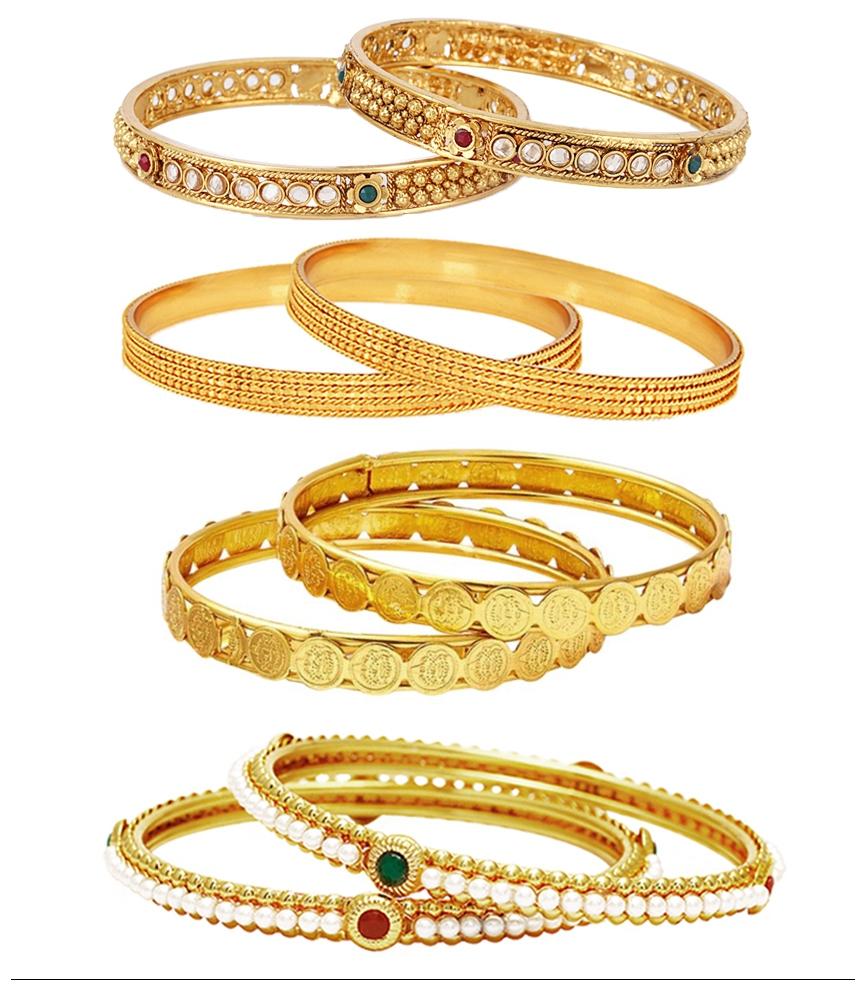 

Jewels Galaxy Combo Of 1 Gram Gold Plated Bangles Trendy Gold Plated Bangles and Designer Pearl Bangles - Pack Of 8