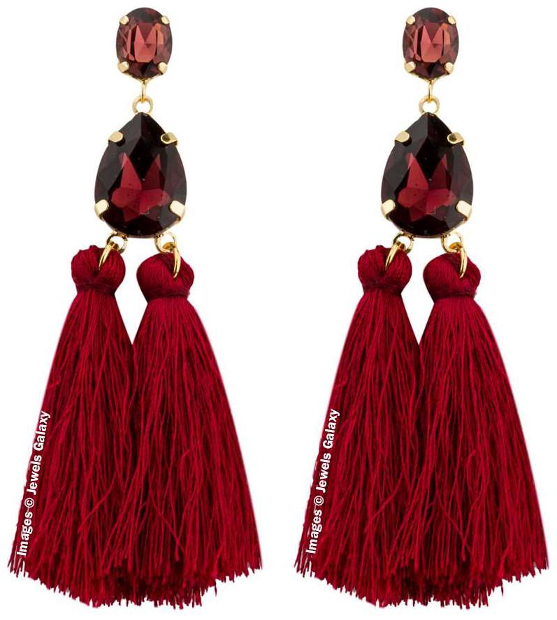 

Jewels Galaxy Exclusive Luxuria Edition Swanky Gold Plated Geometrical Crystal Maroon Tassel Earrings For Women Girls