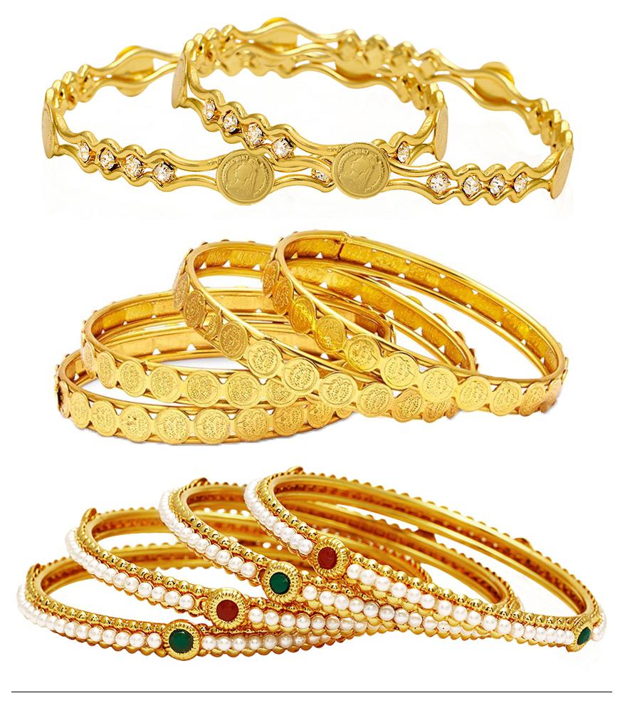 

Jewels Galaxy Combo Of Designer Victoria Bangles Pearls Bangles and Coinage Bangles - Pack Of 10