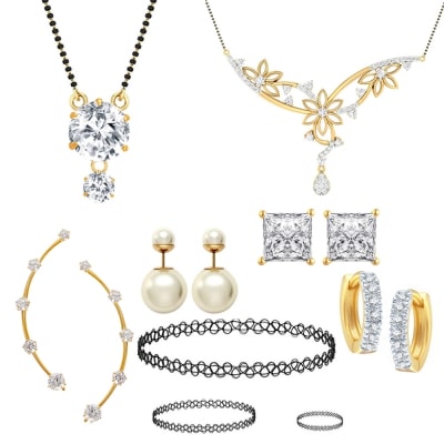 

Jewels Galaxy Mother-Daughter Combo Emma Watson Pearl Earrings 2 Pair Of Earrings 2 Mangalsutra 1 Pair Of Earcuff 1 Choker Set (Pack Of 15)