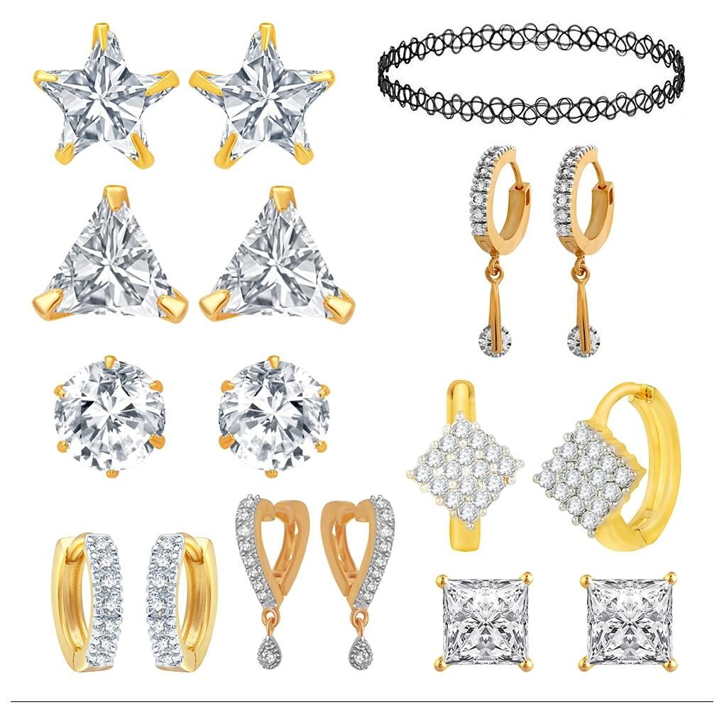 

Jewels Galaxy All IN ONE Combo Of Fancy American Diamond Earrings And 1 Choker Necklace - Combo Of 9