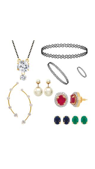 Jewels Galaxy Emma Watson Pearl Earrings, Circular 6 in 1 Interchangeable Earrings, 1 Pair Of Earcuff, 1 Choker Combo Set (Pack Of 14)
