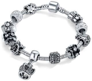 Jewels Galaxy Exquisite Crown Design Marvellous Pandora Style Antique Silver Crystal Charm Bracelet For Women/Girls
