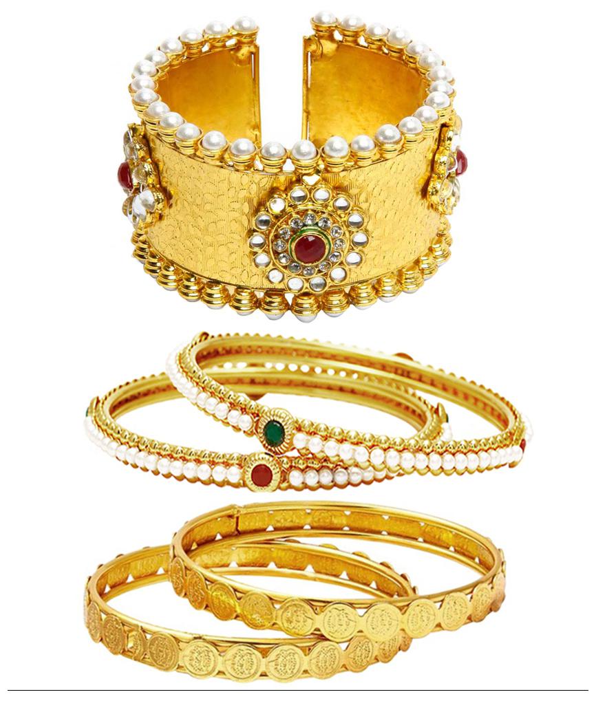 

Jewels Galaxy Combo Of Designer Pearls Bangles Pearl Bracelet and Temple Coin Bangles - Pack Of 5