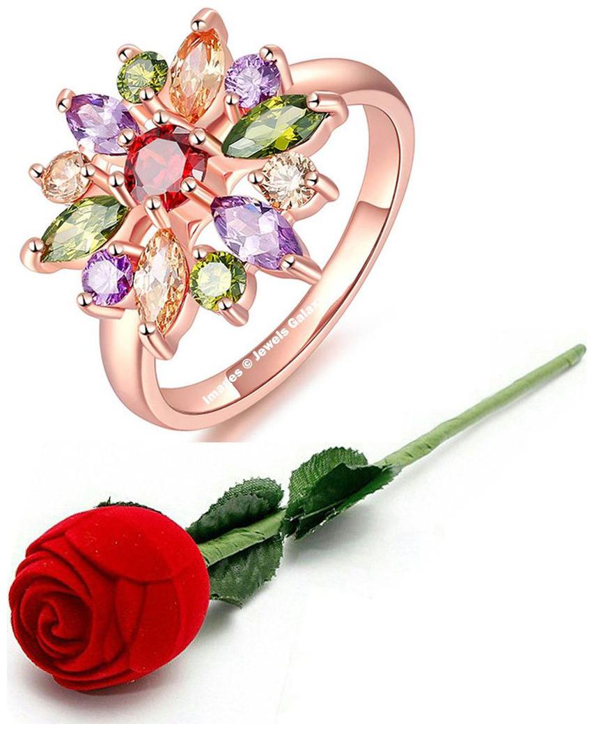 

Jewels Galaxy Valentine Special High Quality CZ Stone Attractive 18K Rose Gold Ring With Fancy Velvet Rose Ring Box For Women Girls