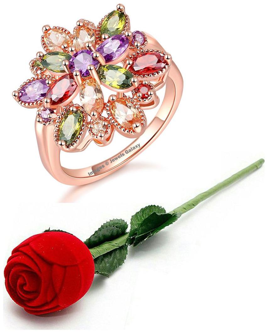 

Jewels Galaxy Valentine Gift Floral AAA CZ Stone Splendid 18K Rose Gold Ring With Fancy Velvet Rose Ring Box For Women Girls