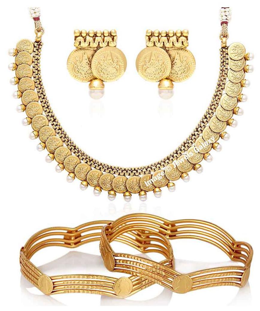 

Jewels Galaxy Pearls Collection With Temple Coin Necklace Set Pair Of Traditional Bangles - Combo of 2
