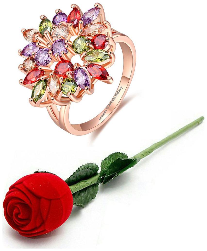 

Jewels Galaxy Valentine Special AAA CZ Stone 18K Rose Gold Sparkling Floral Ring With Fancy Velvet Rose Ring Box For Women Girls