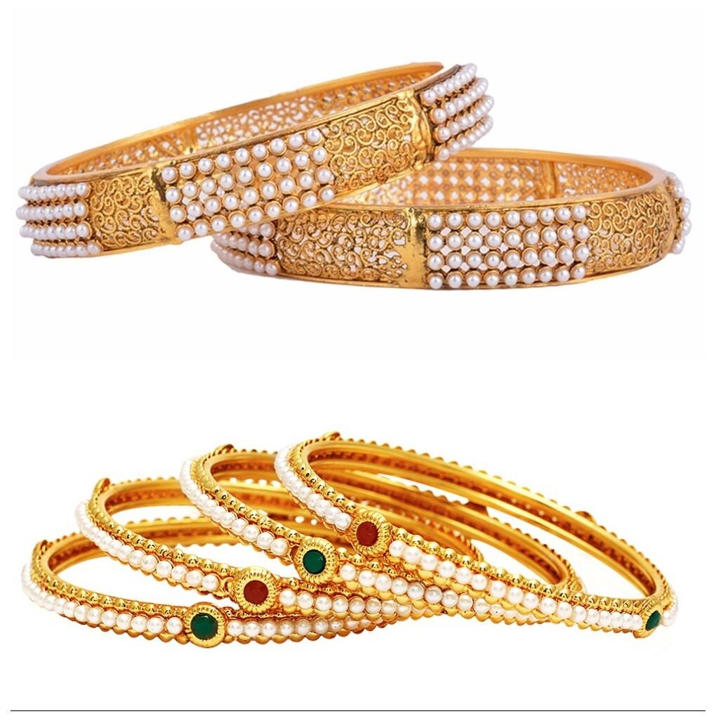

Jewels Galaxy Combo Of Broad Designer Pearls Bangles and Gold Plated Bangles - Pack Of 6