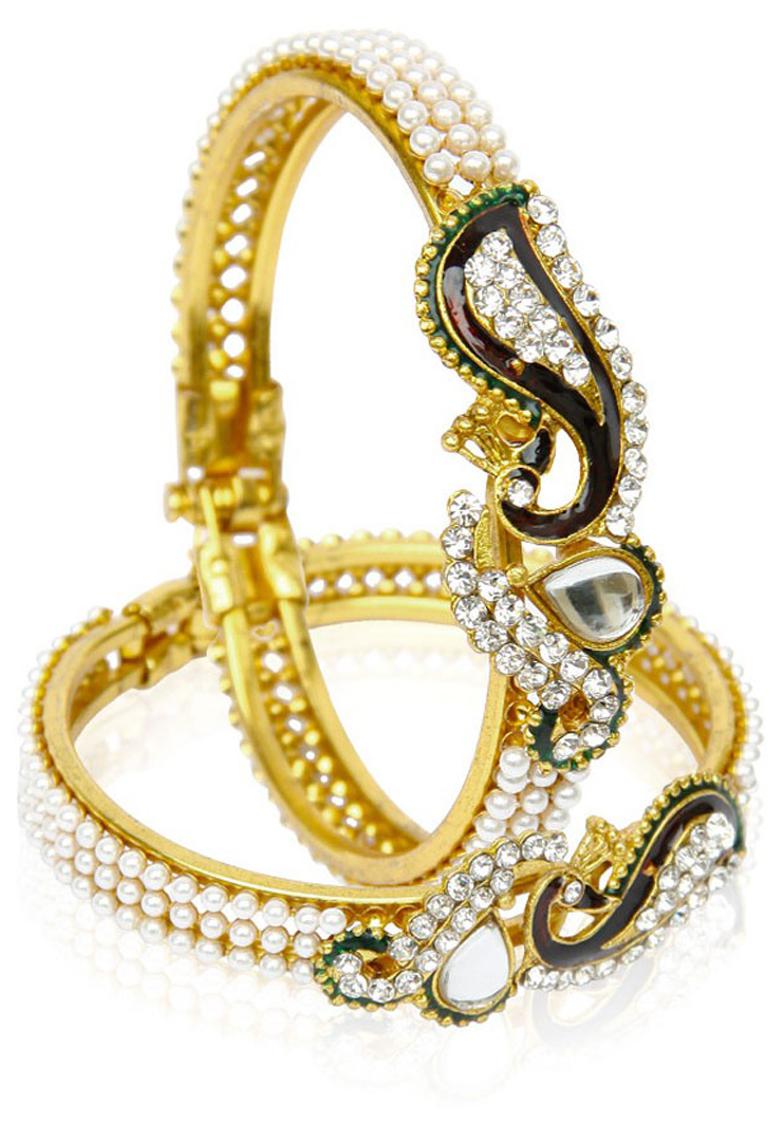 

Jewels Galaxy Golden and White Pearl Peacock Bangle Set