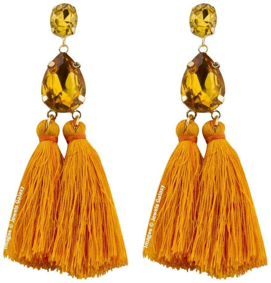 

Jewels Galaxy Luxuria AAA CZ Exquisite Design Magnificent Gold Plated Saffron Tassel Earrings For Women Girls